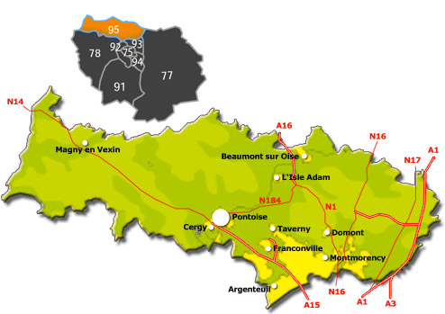 Notre zone d'intervention dans le val d'Oise (95) Débouchage de canalisation, Dégorgement de canalisation, Mise en conformité d'assainissement, Passage caméra, Inspection télévisé, Curage canalisation.